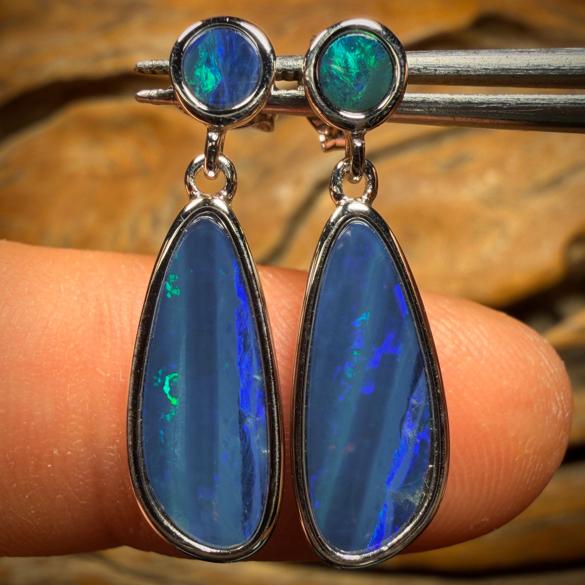 Sterling Silver - Australian Boulder Opal Doublet Drop Stud Earrings