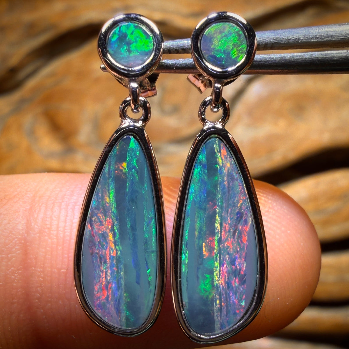 Sterling Silver - Australian Boulder Opal Doublet Drop Stud Earrings