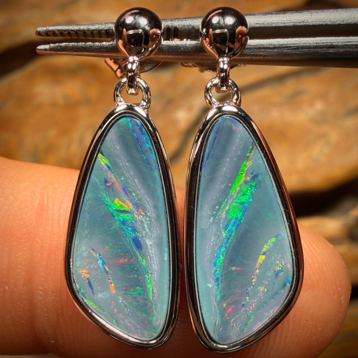 Sterling Silver - Australian Boulder Opal Doublet Drop Stud Earrings