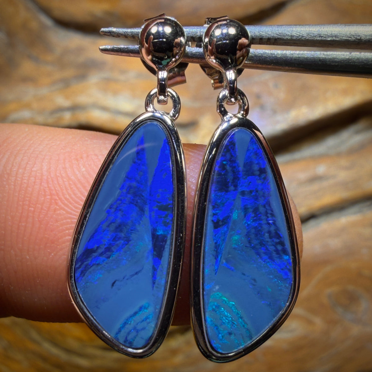Sterling Silver - Australian Boulder Opal Doublet Drop Stud Earrings