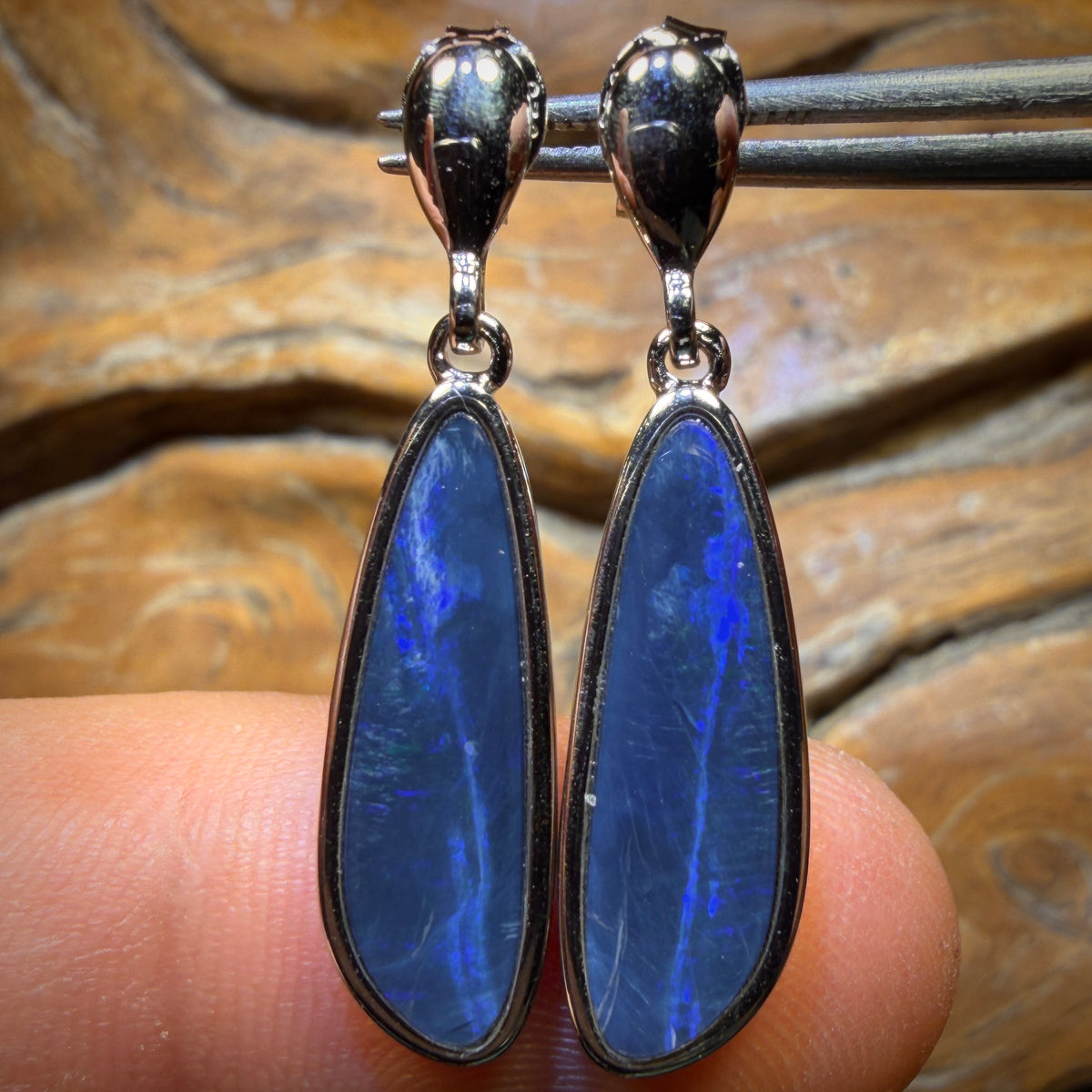 Sterling Silver - Australian Boulder Opal Doublet Drop Stud Earrings