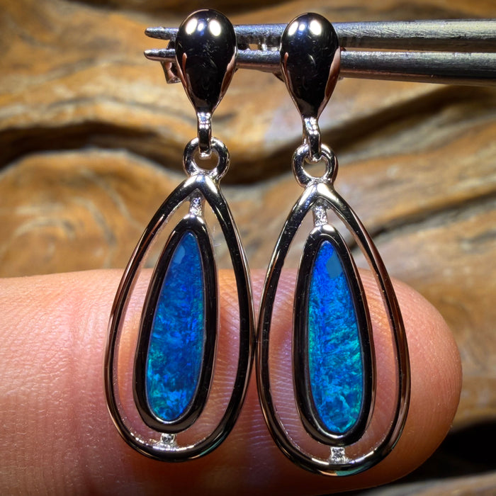 Sterling Silver - Australian Boulder Opal Doublet Drop Stud Earrings