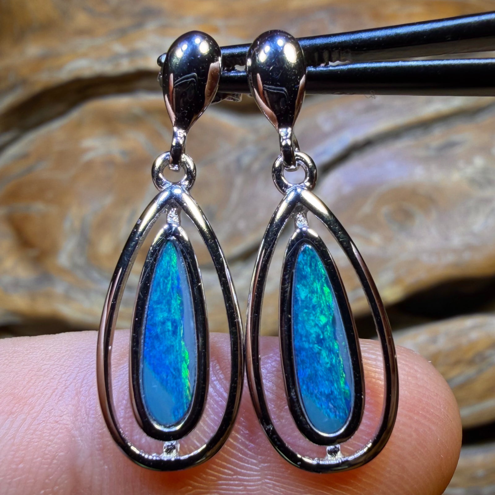 Sterling Silver - Australian Boulder Opal Doublet Drop Stud Earrings