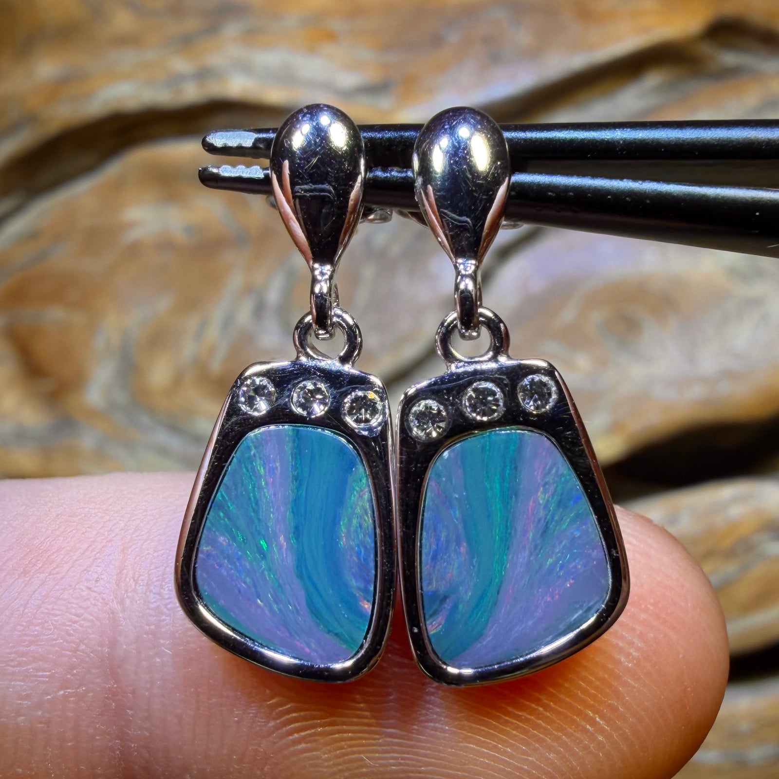 Sterling Silver - Australian Boulder Opal Doublet Drop Stud Earrings
