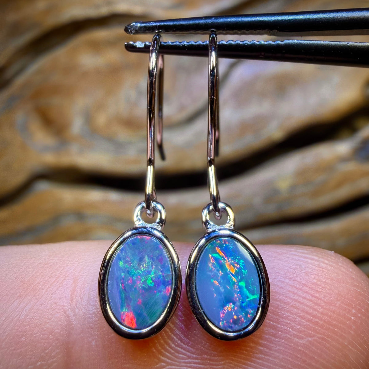 Sterling Silver - Top Australian Boulder Opal Doublet Hook Earrings Red / Multi. BULK LISTING
