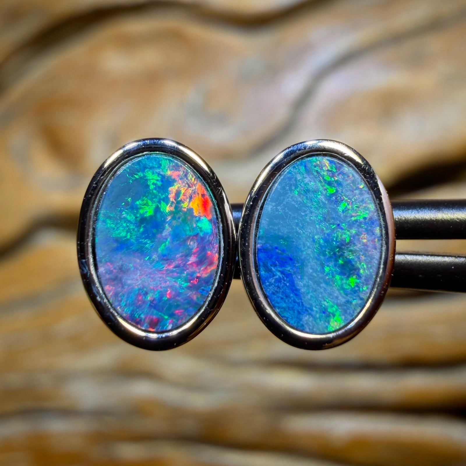 Sterling Silver - Australian Boulder Opal Doublet Stud Earrings Red / Multi. BULK LISTING