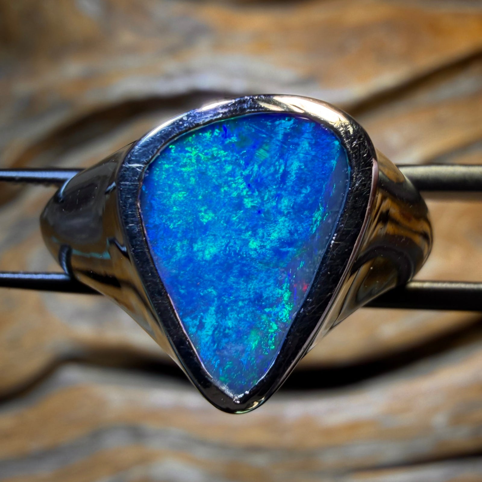 Sterling Silver - Large Queensland Boulder Opal Doublet Ring. MEN / UNISEX