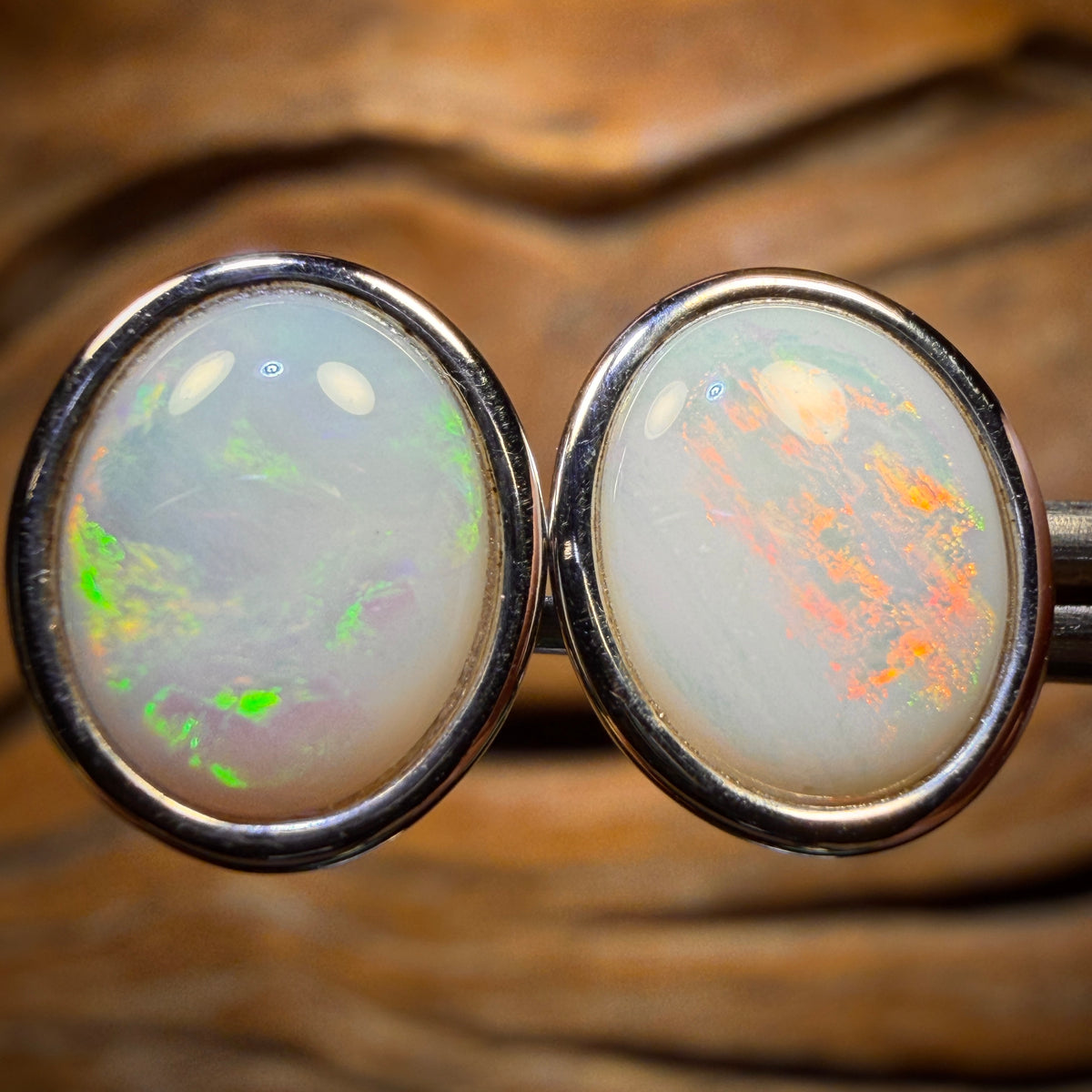 Sterling Silver - Large Solid South Australian White Opal Stud Earrings