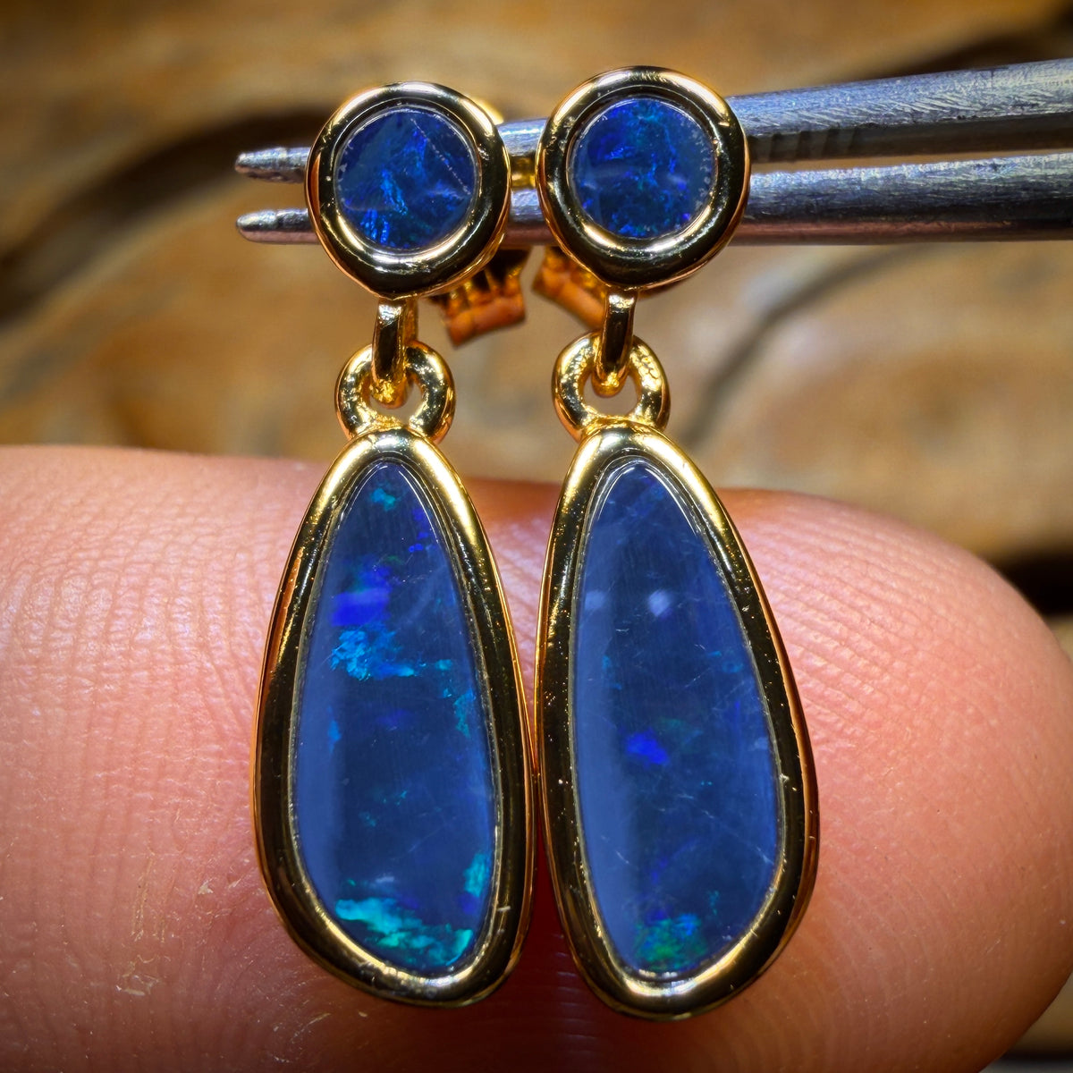 Sterling Silver Gold Plated  - Australian Boulder Opal Doublet Drop Stud Earrings