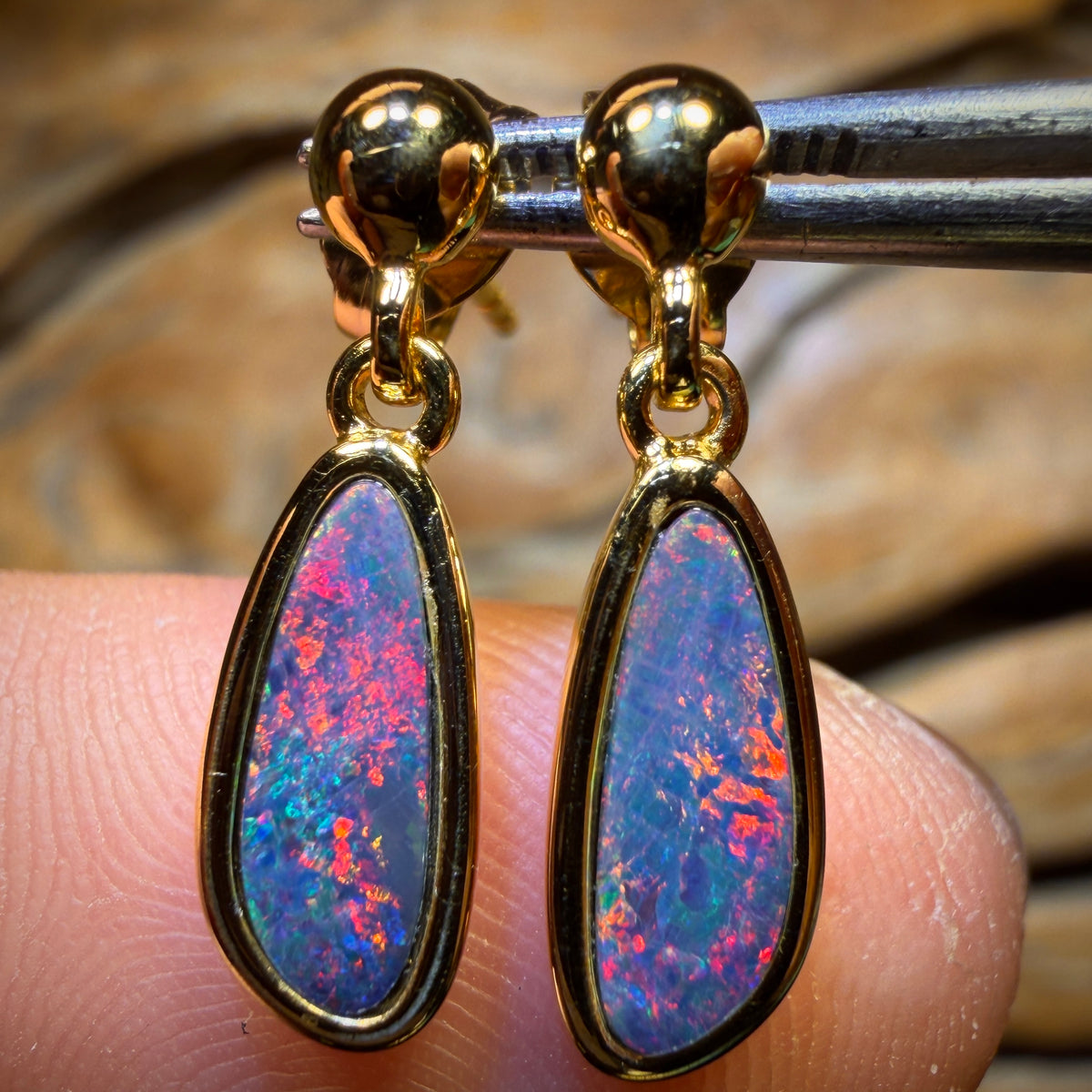 Sterling Silver Gold Plated - Australian Boulder Opal Doublet Drop Stud Earrings