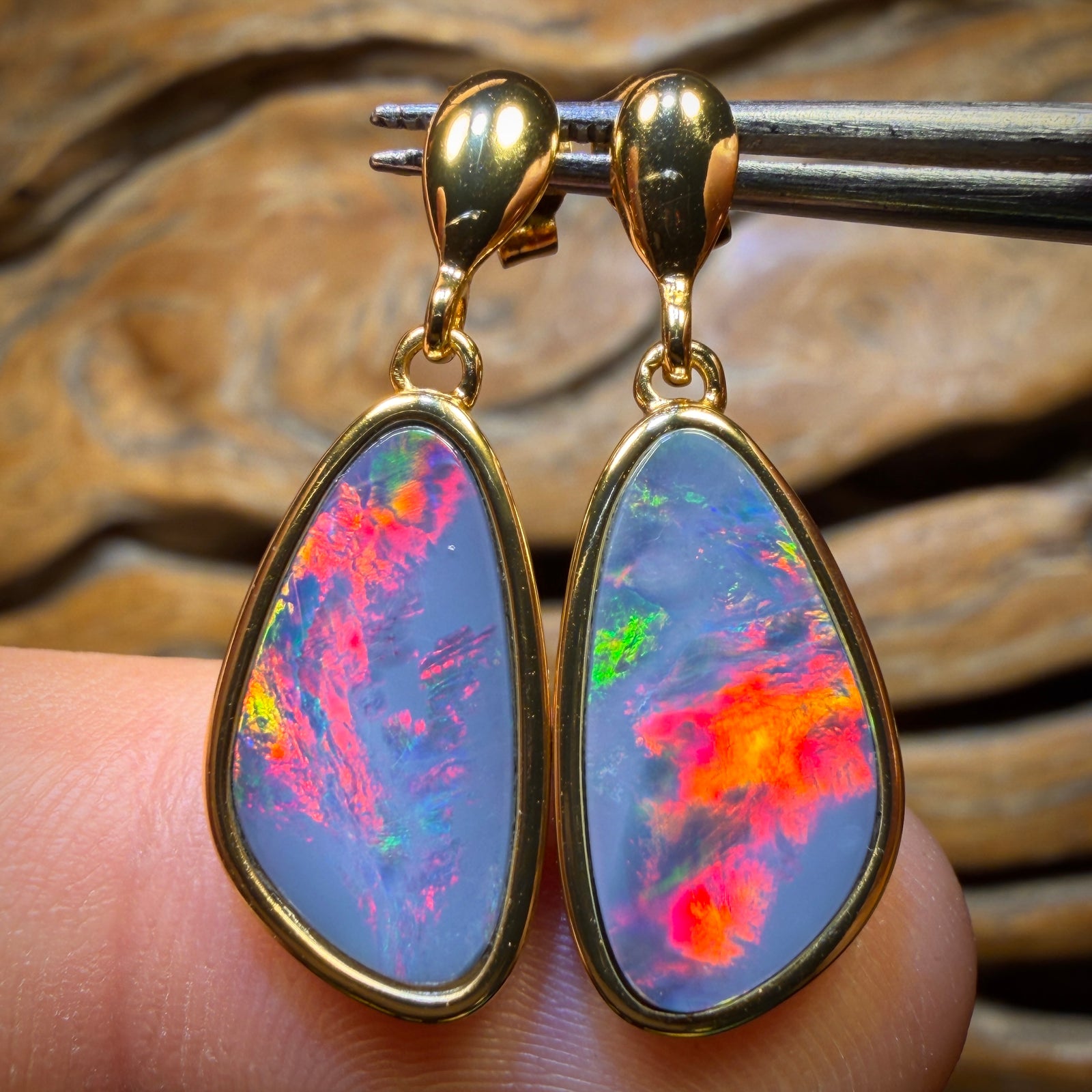 Sterling Silver Gold Plated - Australian Boulder Opal Doublet Drop Stud Earrings