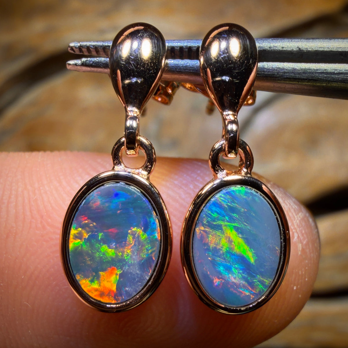 Sterling Silver Rose Gold Plated - Australian Boulder Opal Doublet Drop Stud Earrings