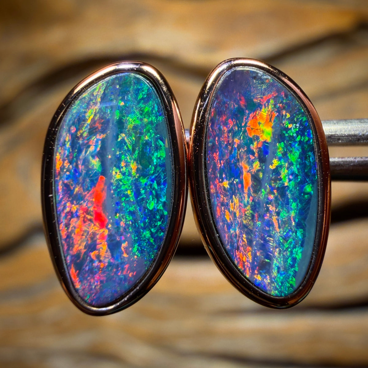 Sterling Silver Rose Gold Plated - Australian Boulder Opal Doublet Stud Earrings. Top Multicolours