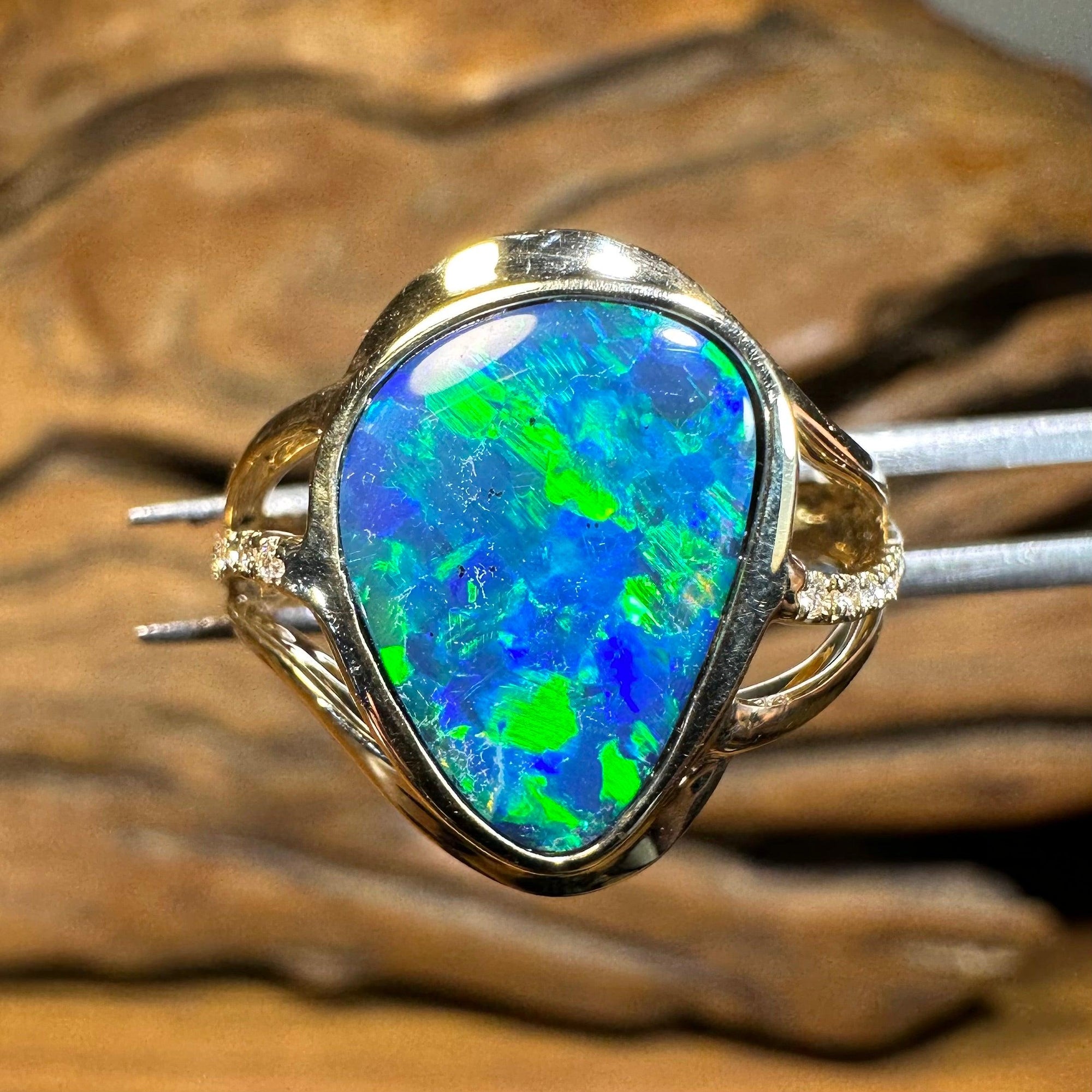 14k Gold Large Boulder Doublet Opal Ring with Diamonds - Opal Whisperers