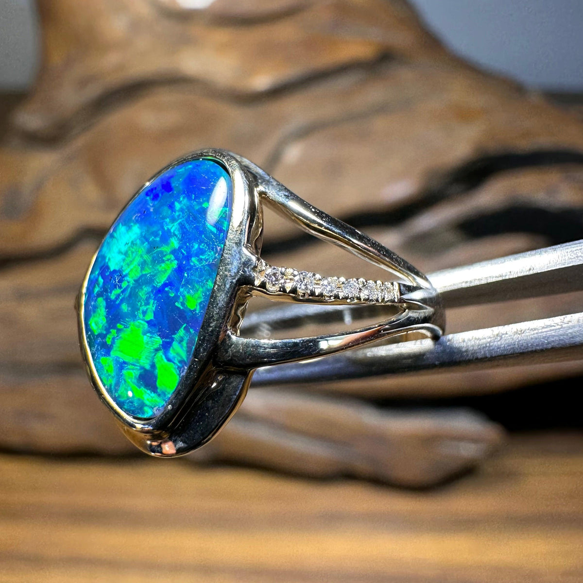 14k Gold Large Boulder Doublet Opal Ring with Diamonds - Opal Whisperers