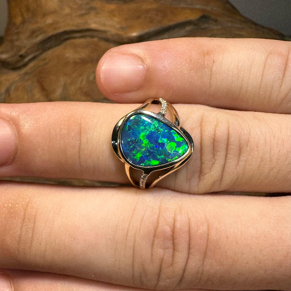 14k Gold Large Boulder Doublet Opal Ring with Diamonds - Opal Whisperers