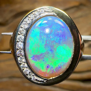 9k Gold - Large Solid Lightning Ridge Crystal Opal Ring with Diamonds Heritage Collection