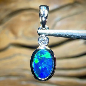 14k White Gold - Queensland Boulder Doublet Opal Pendant with Diamond