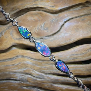 Sterling Silver - Australian Boulder Doublet Opal Bracelet Top Red Orange Multi Colour