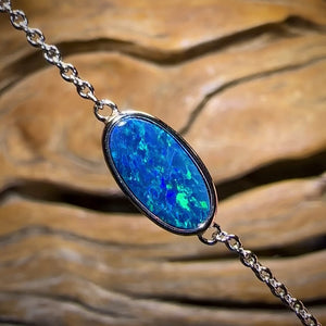 Sterling Silver - Australian Boulder Doublet Opal Bracelet Top Blue Larger Stone