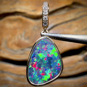 14k Gold - Queensland Boulder Opal Doublet Pendant Top Red Multi Fire New 2026 Diamonds