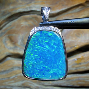 TGIF 10k White Gold - Solid Top Scandinavian Aka Ice Blue, Queensland Boulder Opal Pendant w/ Diamonds