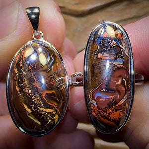 MUMMY DADDY Sterling Silver - Solid Queensland Boulder Opal Ring and Pendant Set