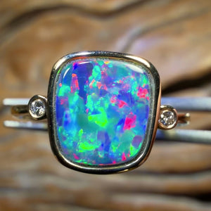 TGIF 10k Gold - Rainbow Magic Queensland Boulder Opal Doublet & Diamond Ring Top Multicolour
