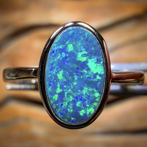 Sterling Silver - Queensland Boulder Opal Doublet Ring. Top Electric Green Blue