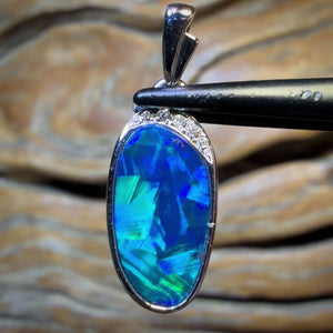 14k White Gold - Queensland Boulder Opal Doublet and Diamond Pendant