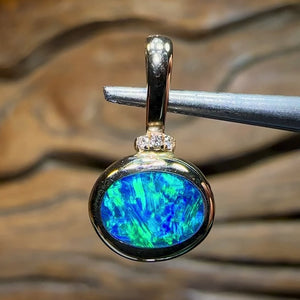 14k Gold and Diamond - Boulder Doublet Opal Pendant