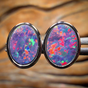 Sterling Silver - Australian Boulder Opal Doublet Stud Earrings. Best Red Earrings