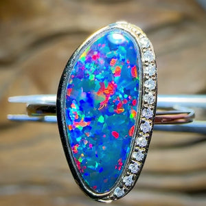 14k Gold - Queensland Boulder Opal Doublet Ring with Diamonds Red Fire