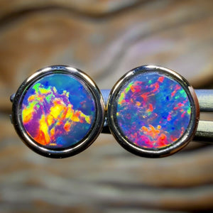 TGIF 14k Gold - Unisex Australian Boulder Opal Doublet Stud Earrings Top Red Multi