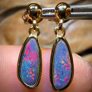 Sterling Silver Gold Plated - Australian Boulder Opal Doublet Drop Stud Earrings