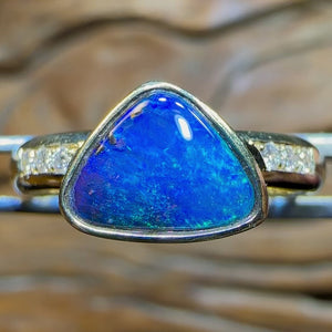 14k Gold - Solid Queensland Boulder Opal Ring with Diamonds