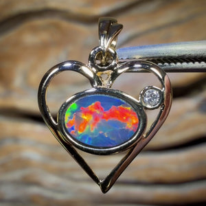 TGIF 14k Gold - “Sweetheart” Queensland Boulder Opal Doublet and Diamond Pendant Fire Red