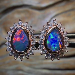 Sterling Silver - Australian Boulder Opal Doublet Stud Earrings Top Top Multi Red