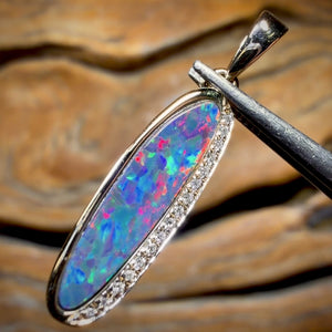 14k Gold - Queensland Boulder Opal Doublet Pendant Top Red Multi Fire with Diamonds New 2026