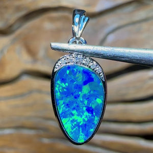 14k White Gold - Queensland Boulder Doublet Opal Pendant with Diamonds