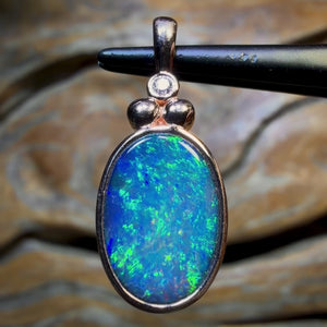 10k Rose Gold - NEW Isaac Design Lightning Ridge Opal Doublet Diamond Pendant