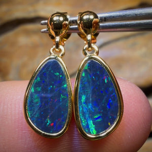 Sterling Silver Gold Plated - Australian Boulder Opal Doublet Drop Stud Earrings