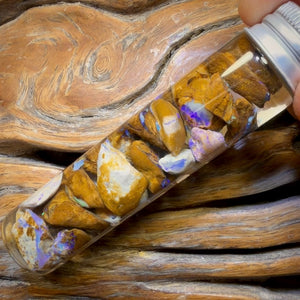 124,7 ct – Phiole mit Yowah-Nussopal-Rohstein und fossilem Opal