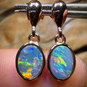 Sterling Silver Rose Gold Plated - Australian Boulder Opal Doublet Drop Stud Earrings