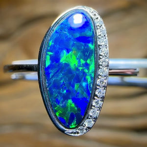 14k White Gold - Queensland Boulder Opal Doublet Ring with Diamonds