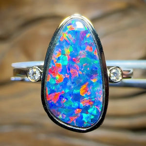 14k Gold - Queensland Boulder Opal Doublet Ring with Diamonds Red Fire