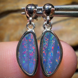 Sterling Silver - Top Red Multi Australian Boulder Opal Doublet Drop Stud Earrings