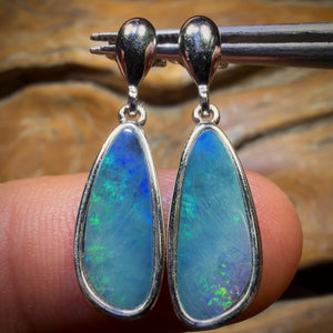 Sterling Silver - Australian Boulder Opal Doublet Drop Stud Earrings