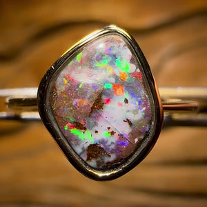 14k Gold - Solid Queensland Boulder Opal Ring With Red Fire
