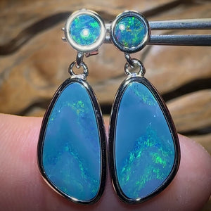 Sterling Silver - Unique One Off Australian Boulder Opal Doublet Drop Stud Earrings